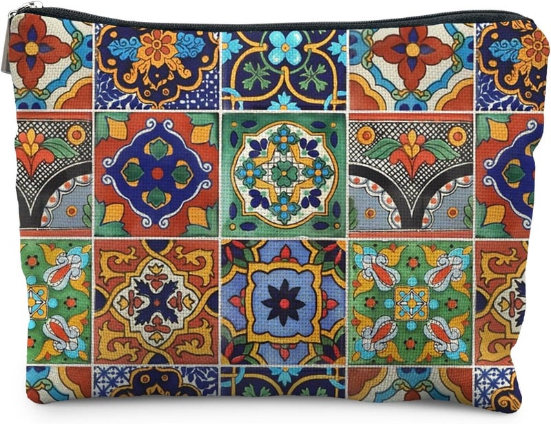 RYYCDOI Bohemian Tile Pattern Makeup Bag, Ethnic Moroccan and Mexican Talavera Tile Cosmetic Bag for Women, Vintage Floral Makeup Pouch, Mexican Gifts for Women - Image 1